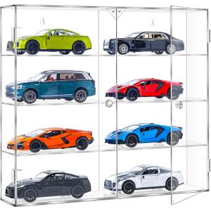 JUESHA Acrylic Display Case for 1/24 Scale Diecast Storage, 4 Levels 8 Slots Toy Cars Showcase Wall Mount Or Desktop, Clear Display Organizer for Nascar Diecast Model Car Tabletop