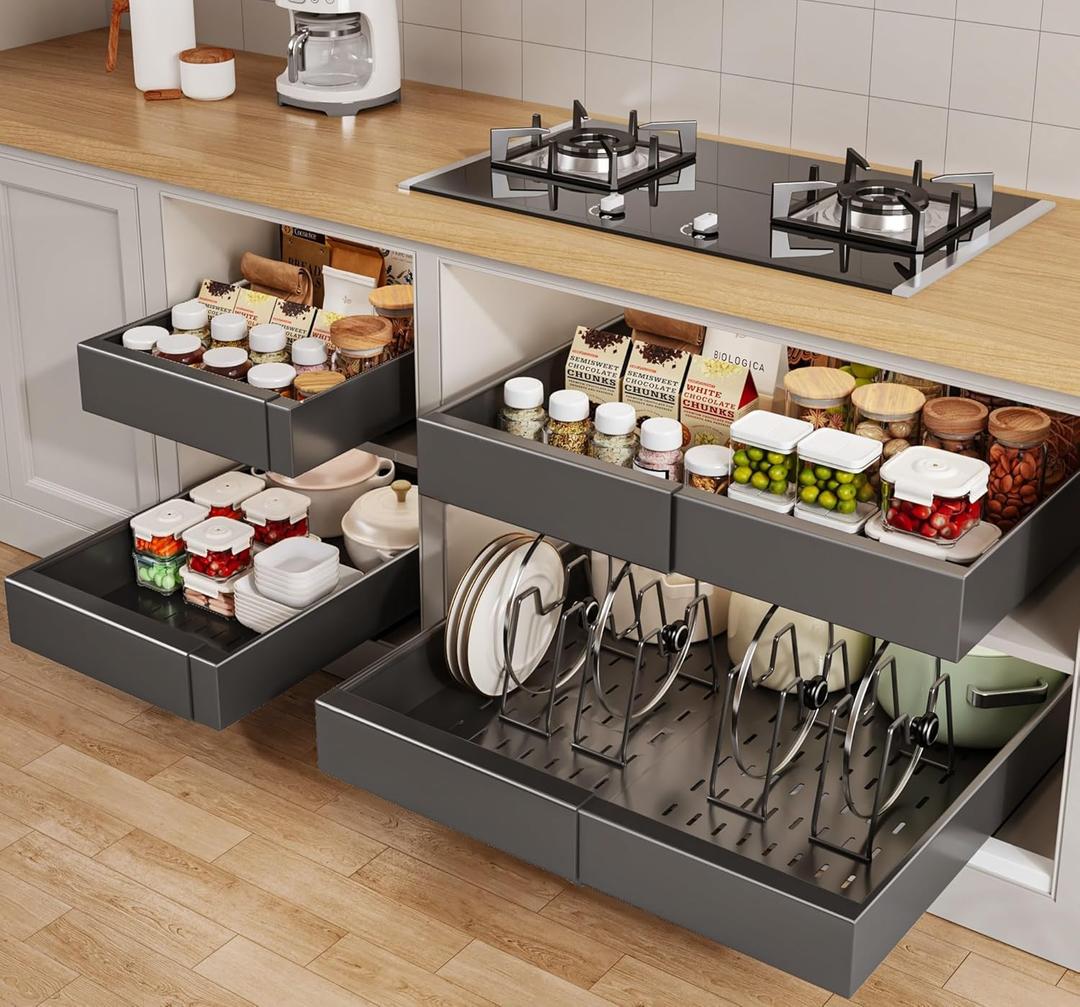 4 Pack Pull out Cabinet Organizer 21"Deep with Raising Pad for Framed Cabinets, Expandable Slide out Drawers for Kitchen Cabinets with 4pcs Divider Racks, Roll out Shelves 12.1"-20.4" W Black 4 Pack Pull out Cabinet Organizer 21"Deep with Raising Pad for Framed Cabinets, Expandable Slide out Drawers for Kitchen Cabinets with 4pcs Divider Racks, Roll out Shelves 12.1"-20.4" W Black