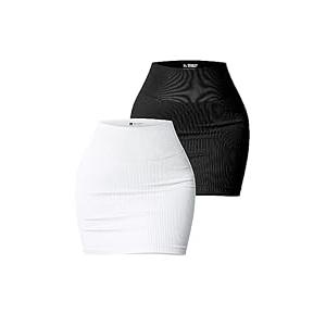PEIQI Women's 2 Piece Skirt Set Basic Stretchy Ribbed Casual High Waist Bodycon Mini Skirts (Medium, Black + White)