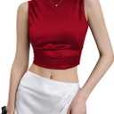 WDIRARA Women's Satin Crop Top Tie Back Backless Sleeveless Ruched Party Blouse Tops (S)