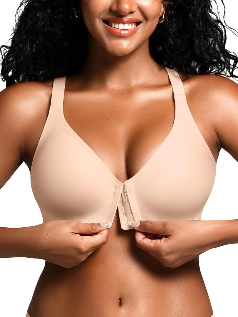 Front Closure Bras for Women  Racerback Jelly Bra No Underwire - Seamless Wireless Padded Bralette with Support-XL
