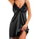 ESKTJH Night Gowns Women Sexy Satin Sleepwear Full Slip Chemise Nightgown Lace Sleep Dress (XL)