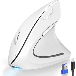 TECKNET Ergonomic Mouse, Rechargeable 2.4G+Bluetooth Vertical Mice 6 DPI Adjustable, Wireless Optical Carpal Tunnel Mouse Right Hand, Multi Device for Laptop, PC, Computer, MacBook, iPad - White