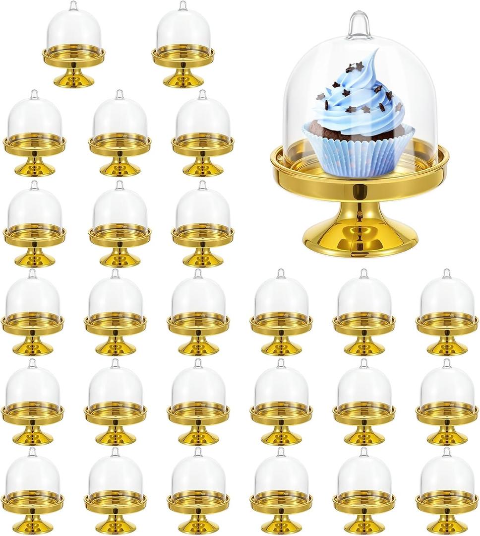Prasacco 24 Pieces Plastic Mini Cake Stand With Dome Cover, Gold And Transparent Cupcake Containers, Dessert Display Plate Dessert Tray for Birthday Wedding Holiday Party Supplies