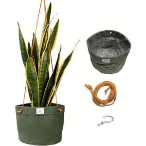 Waxed Canvas Handmade Hanging Planter for Indoor/Outdoor Plants, Hanging Basket Plant Holder Forest Green with Hook (Large 8")
