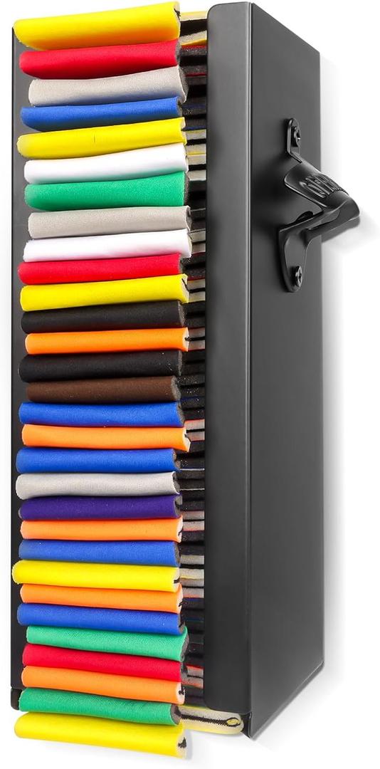CRAKTH Metal Can Cooler Holder with Bottle Opener Wall Mount Compatible with Standard Can Cooler, Beer Sleeves Organizer and Dispenser, 12", Gifts for Dad