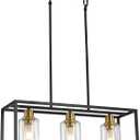 3-Light Kitchen Island Lighting, Farmhouse Pendant Island Light Fixture with Glass Shades, Black and Gold Chandelier for Dining Room, Restaurant, Foyer
