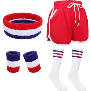 Fumwase 6Pcs 80s Workout Costume Outfit Set Running Shorts Sweatband Wristbands Striped-Tube Socks for Men Halloween Cosplay, XL
