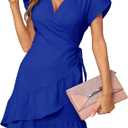 SAMPEEL Summer V Neck Wrap Petal Sleeve Short Dress with Belt for Women XL