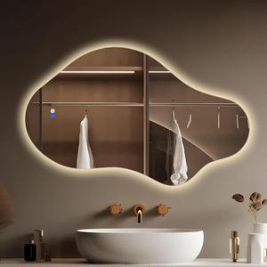 Irregular LED Bathroom Mirror with Lights, 20x36 Inch Asymmetrical Led Vanity Mirror for Wall, Anti-Fog Lighted Cloud Smart Frameless Mirror, 3 Colors and Dimmable Light, Horizontal/Vertical