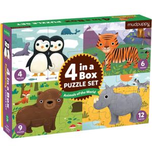 Mudpuppy Animals of The World 4-in-A-Box Puzzle Set, 12
