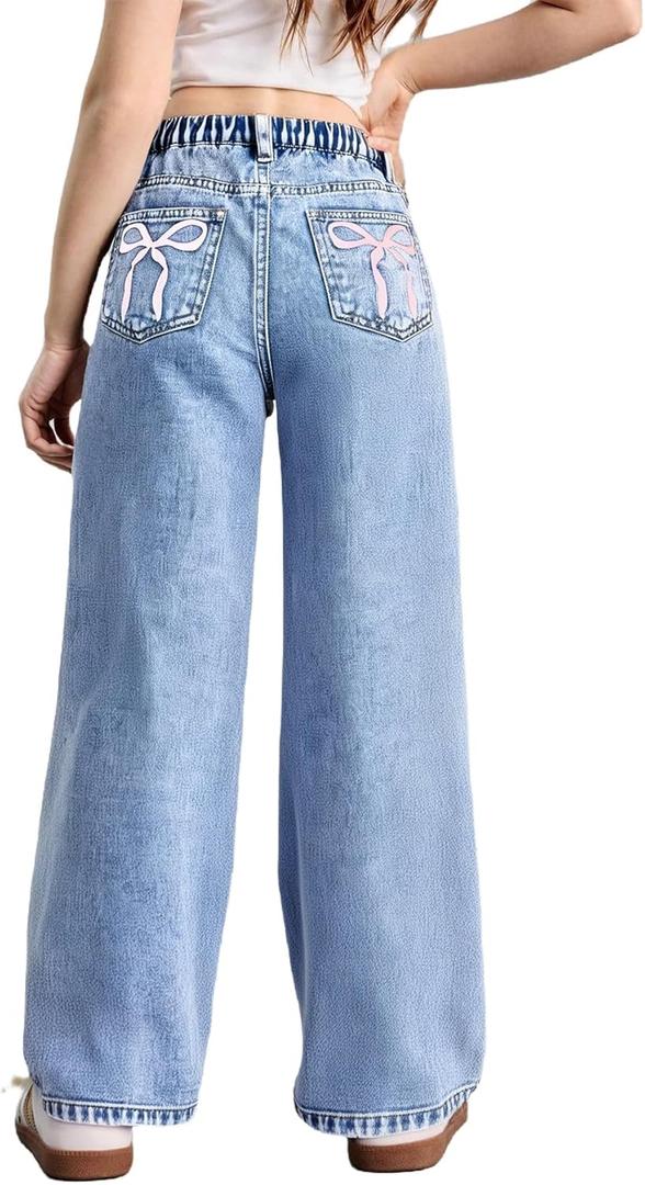 WDIRARA Girl's Bow Print Back Zipper Fly Elastic High Waist Denim Pants Basic Wide Leg Jeans (Blue), 8Y