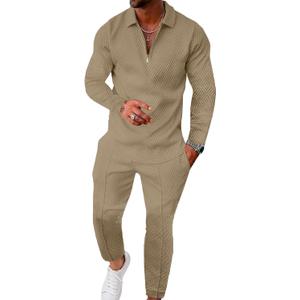 UOUA Mens 2 Piece Set Casual Outfits Polo Long Sleeve Shirt & Pants Tracksuit Loungewear Athletic Jogger Sweatsuit (Large, Khaki)