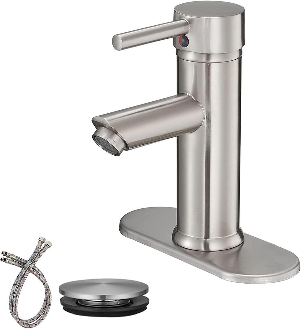 Brushed Nickel Bathroom Faucet, 1 Hole Bathroom Sink Faucet, Single Handle Aerator Spout Saving Water Lavatory Vanity Sink Faucet with Pop Up Drain and Overflow Mixer Tap Supply Line