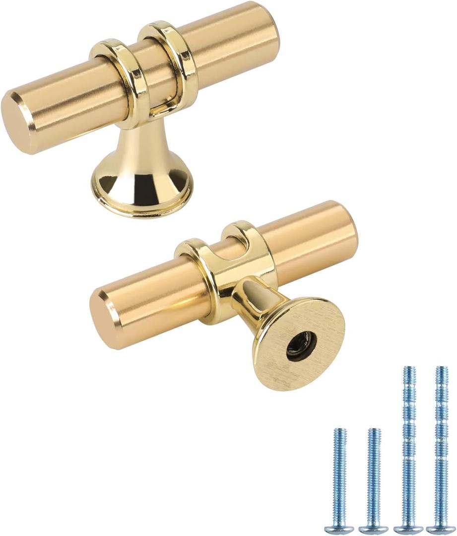 Rergy Cabinet Knobs, 5 Pack Brushed Gold Kitchen Hardware Handle Zinc Alloy, Modern Design, Streamlined Shape, Smooth Surface, Fits Wardrobe, Cabinets, Cupboard, Drawer, Door, 2 inches (Single Hole)