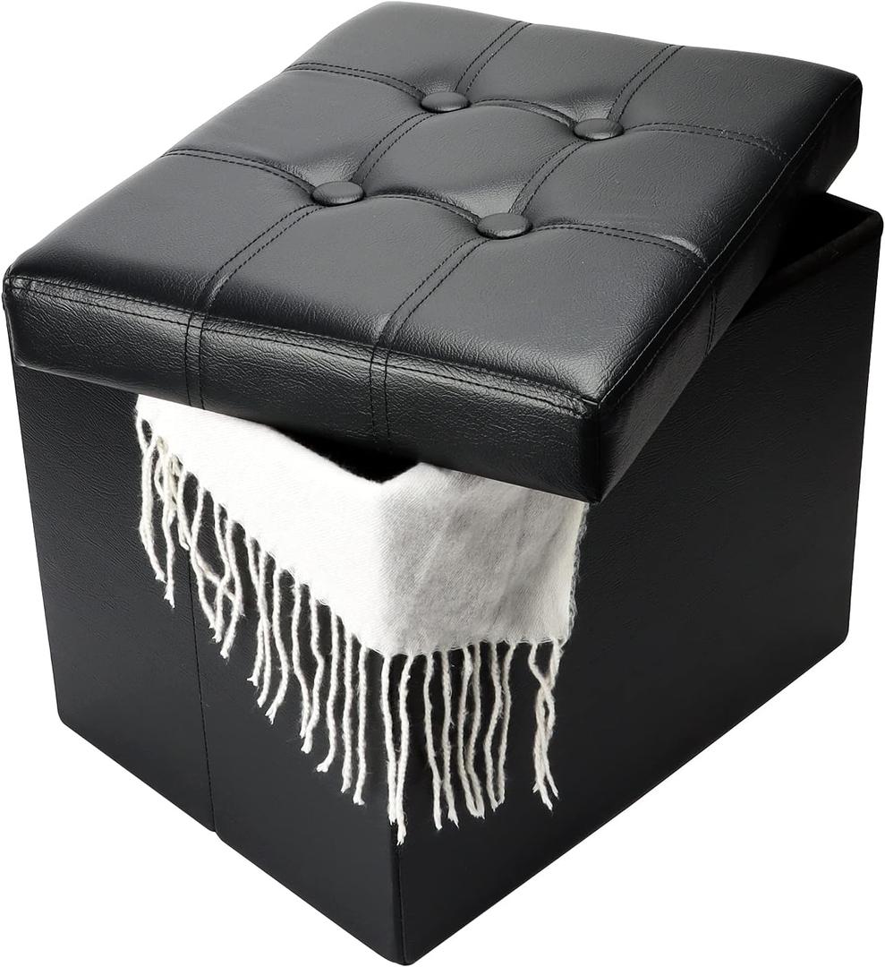 Bsketa Storage Ottoman, Folding Foot Stool with Thicker Foam Padded Seat Small Leather Storage Ottoman Bench Foot Rest for Living Room Foldable Coffee Table 17x13x13in, Black