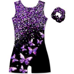 Vogseek 4-12Y Girl Gymnastic Leotards with Hair Scrunchie Sparkle Dance Unitards Active Biketards, 6-7 Years Old