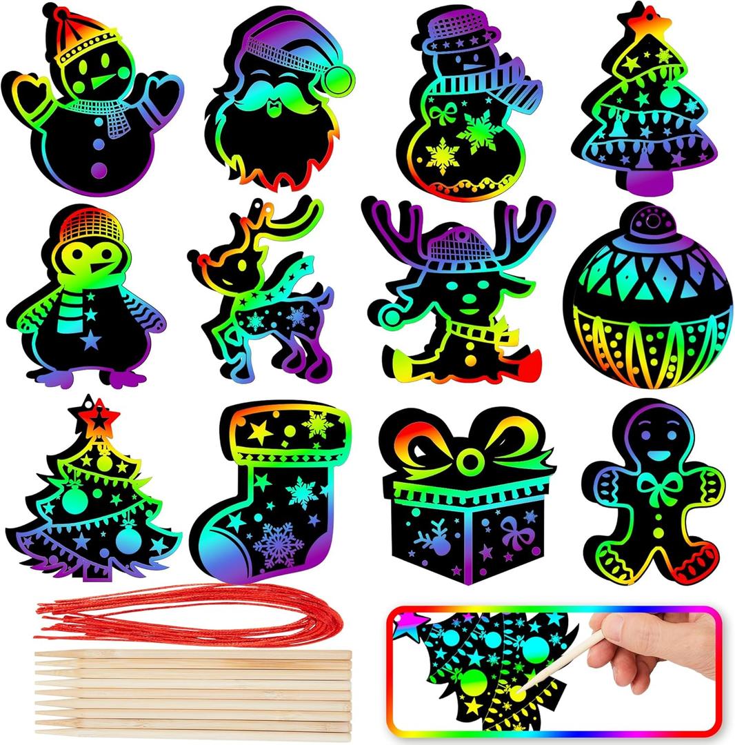 JOYIN 72 Pcs Christmas Scratch Art Ornaments, Rainbow Color Scratch Paper Craft Kit Include Snowman, Christmas Tree, and Reindeer, Scratch Off Hanging Ornament for Kids Party Favor