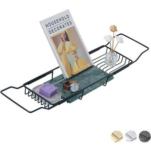 MARBBNEST Bathtub Tray Caddy for Luxury Bath Expandable Extra Wide Bath Tub Tray with Natural Marble Tray and Mobile/Tablet Stand, Ideal for Home Spa Lovers, (Black + India Green)
