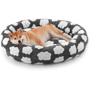 JOEJOY Donut Dog Bed Medium Size Dog, Cute Round Calming Pet Bed with Removable Washable Cover, Orthopedic Puppy Bed with Jacquard Shaggy Plush & Non Skid Bottom (Grey)