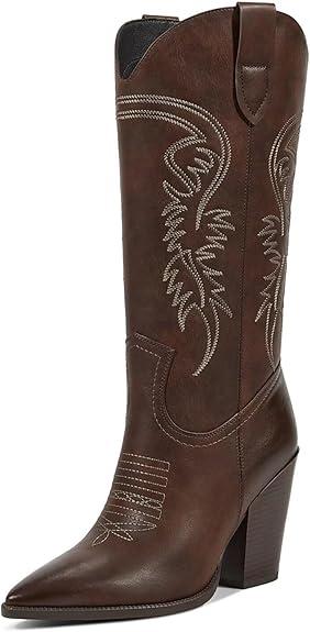 ISNOM Cowgirl Boots for Women - Brown Western Tall Boots With Wide Calf and High Heel - Knee High 9.5
