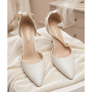 Wedding Shoes for Bride Block Low High Heels Point Toe Closed Toe Wedding Heels Bridal Shoes Ankle Strap Heels Lace Elegant Leather 38