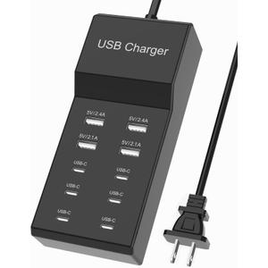 USB C Charger Block 10-Port USB-C Charging Station 6 USBC Ports & 4 USB-A Ports Total 50W USB Power Strip for Multi Devices for iPhone 16 17 15 14 13 12 Se, Galaxy, Pixel, Tablet, Camera, Headphones