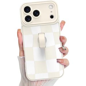 KANGHAR Compatible with iPhone 17 Pro Case 2025, Silicone Checkered Cute Pattern, Wristband Kickstand Camera Protection Soft Slim Cover for Girls Women, White