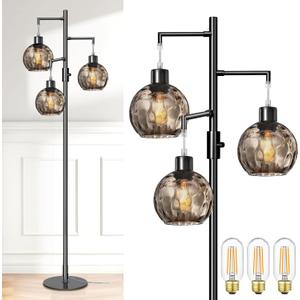 LVYE Modern Floor Lamp for Living Room, Black Standing Lamp with Grey LampShade,Dimmable 3 Lights Tree Tall Lamps for Bedroom, 3 X 6W LED Bulbs Included