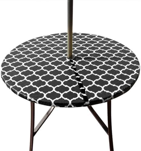 Hipinger Vinyl Round Fitted Tablecloth with Zipper and Umbrella Hole, Outdoor Oil Waterproof Stain Resistant PVC Table Cover 40-44 Inch, Black Moroccan, Fitted 50" Round