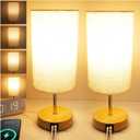 Bedside Table Lamp for Bedroom - 4 Way Dimmable Touch Lamp with USB and Type-C Charge Port,Small Wood Base Round Flaxen Fabric Shade Lamp Living Room,Bedroom Use (Yellow Base, 2Pack)
