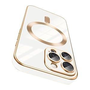 Dinick Designed for iPhone 16 Pro Case with Camera Lens Protector Compatible with MagSafe Soft TPU Bumper Glitter Gold Sides Cover Anti-Scratch Slim Magnetic Case for iPhone 16 Pro White