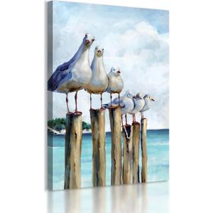 Seagull Bird Ocean Wall Art Canvas Art Print Framed Artwork Seaside Birds On Post Blue Beach Wood Frame Gallery Style Bedroom Living Room Home Decor Poster Art 1216 Inch