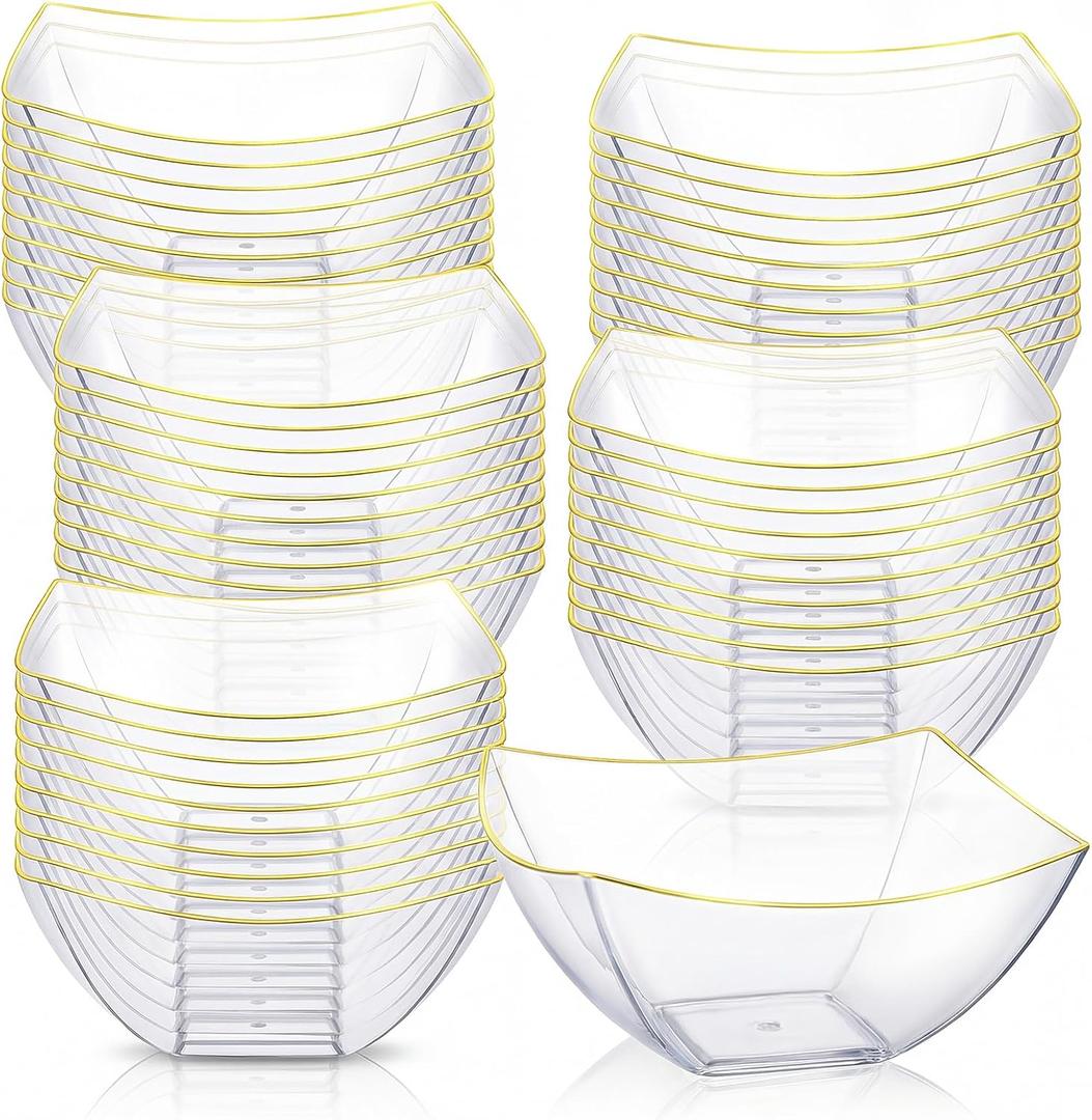 Tanlade 50 Pcs Square Plastic Serving Bowls with Gold Rim Disposable Party Snack Salad Bowl 8oz Candy Containers Taco Bar Serving Dishes for Wedding Buffet Party(Clear)