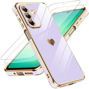 LeYi for Galaxy A26-5G Case: with Tempered Glass Screen Protector [2 Pcs]+ Full Camera Lens Protection, Love Heart Plating Girly Cute Luxury Soft TPU Shockproof Case for Samsung A26, Purple