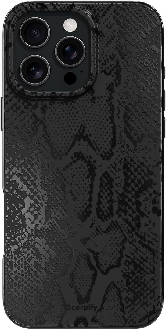 SCORPIFY for iPhone 16 Pro Case [Compatible with MagSafe] with Matte Black Snake Print Design, Cute Magnetic Phone Cover for Women Girls and Men, Slim Shockproof Bumper