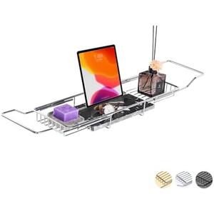 MARBBNEST Bathtub Tray Caddy for Luxury Bath Expandable Extra Wide Bath Tub Tray with Natural Marble Tray and Mobile/Tablet Stand, Ideal for Home Spa Lovers