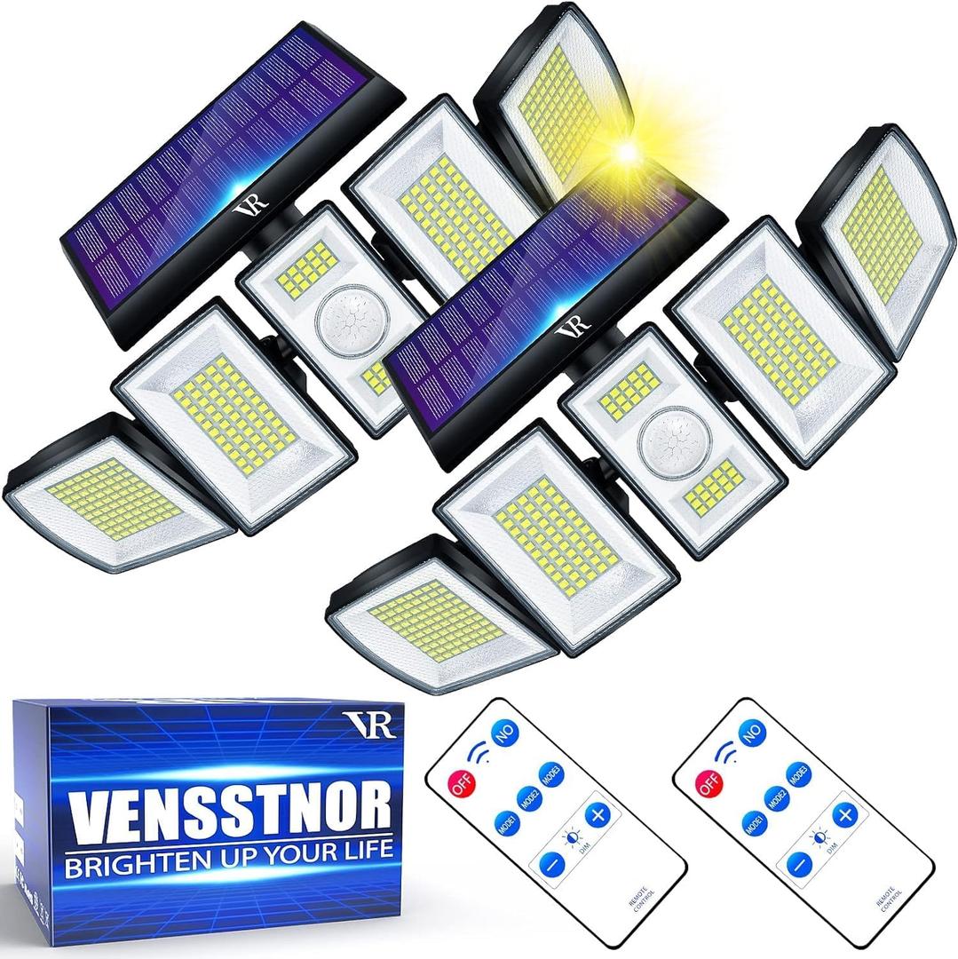 VENSSTNOR Solar Lights Outdoor Motion Sensor - 400% Brighter 7000K 3000LM 5 Levels Brightness 3 Lighting Modes 2400mAh 360 Wide Angle Illumination IP65 Waterproof Solar Flood Lights,Black