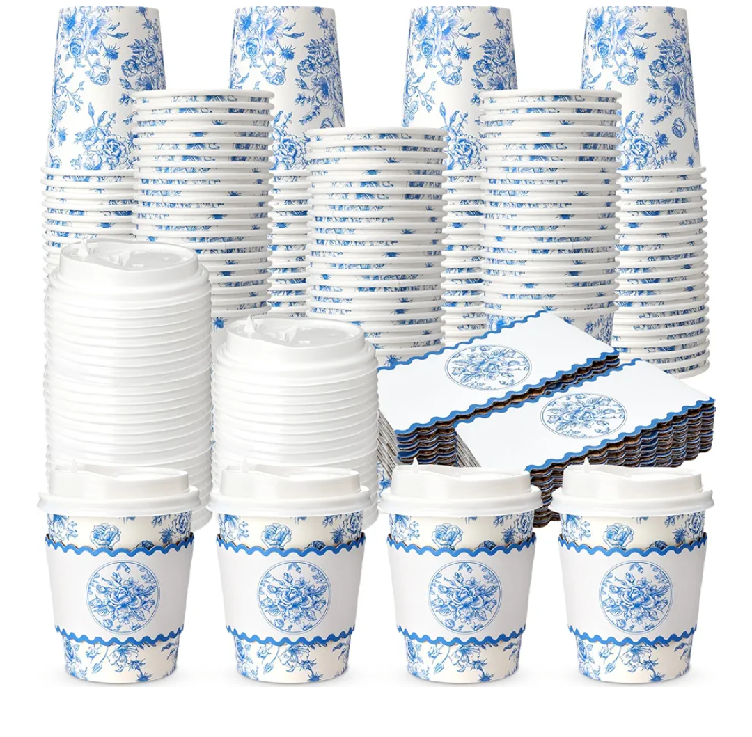 48 Sets Floral Paper Coffee Cups with Lids and Sleeves 8oz Vintage Flower Disposable Drinking Cups Bulk for Birthday Wedding Bridal Shower Tea Party Supplies (Blue)