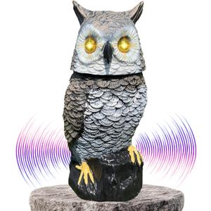 Brown Solar Owl with Motion Detector, Flashing Eyes, Spinning Head, Realistic Hooting and Silent Mode, Garden Owl, Outdoor Statue, Decoration for Home, Garden, Patio and Fence