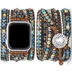 Compatible with Apple Watch Band 42mm 44mm 45mm 46mm 49mm Women Boho Beaded Bracelets,Multilayer 5 Wraps Handmade Natural Jasper Strap for iWatch Series 10 9 8 7 6 5 4 3 2 SE Ultra,Turquoise