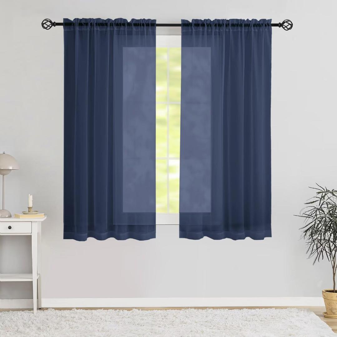 Karseteli Semi Voile Sheer Curtains 90 Inches Long 2 Panels Rod Pocket Window Treatment for Living Room Bedroom Dining Room(Navy 42" W x 90" L)