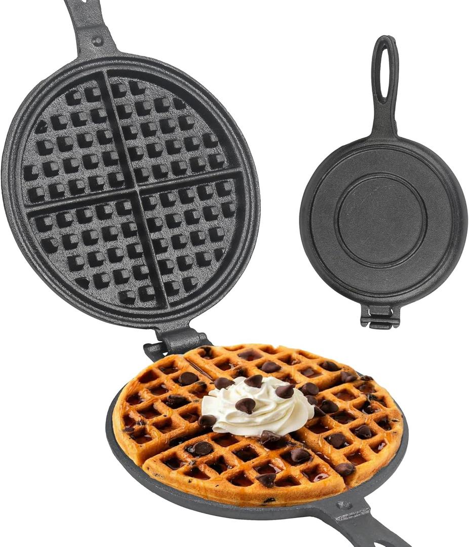 Cast Iron Waffle Maker for Stovetop or Camping Grill Two Piece Hinged Non Electric Waffle Iron Makes 8" Round Waffles