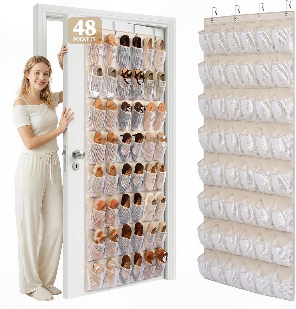 48 Pockets Over The Door Shoe Organizer, Large Mesh Hanging Shoe Rack, 6-Column Heavy Duty Shoe Storage for Sneakers and Heels, Behind Door Holder for Entryway Bedroom Dorm College, Beige