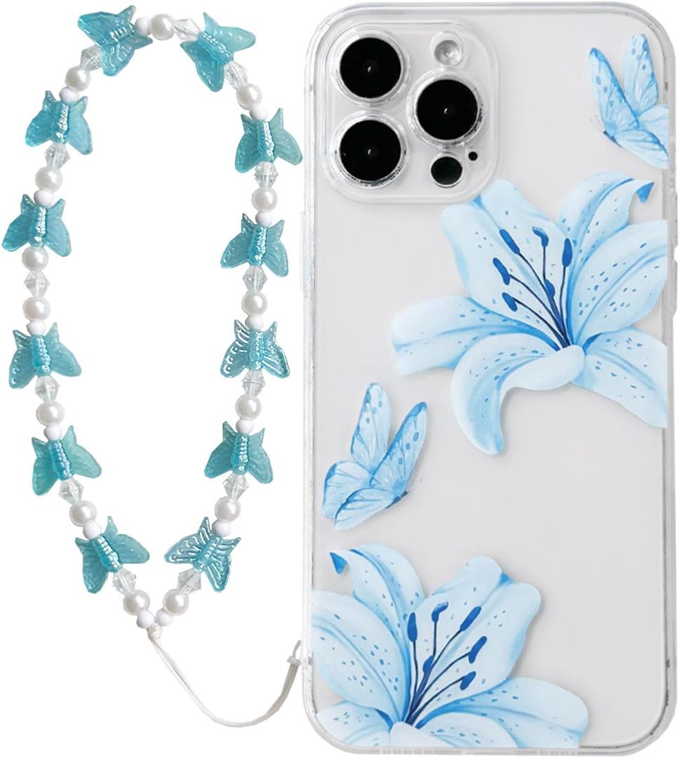 NITITOP Compatible with iPhone 15 Pro Max Case Clear with Chain Wrist Strap Cute Butterfly Lily Flower Floral Pattern for Women Girls Slim Shockproof Full Camera Protective Cover - Blue