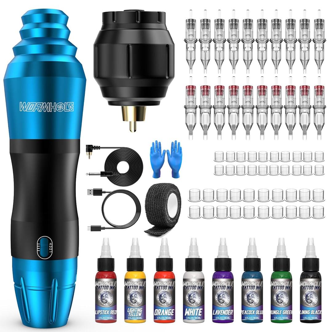 Wormhole Tattoo Kit Wireless Tattoo Machine Kit Tattoo Battery Pack Rotary Tattoo Machine Kit 20 Tattoo Cartridge Needles Tattoo Gun Kit Wireless Tattoo Power Supply Tattoo Kit WTK127 (Blue)