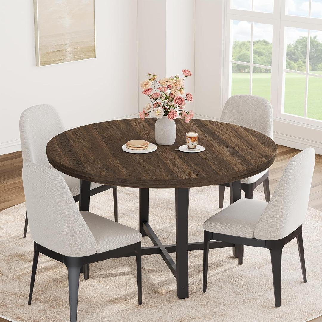 IDEALHOUSE 47" Round Dining Table for 4, Kitchen Dining Room Table with Sturdy Metal Frame, Wood Circle Kitchen Table for Space Saving -Brown