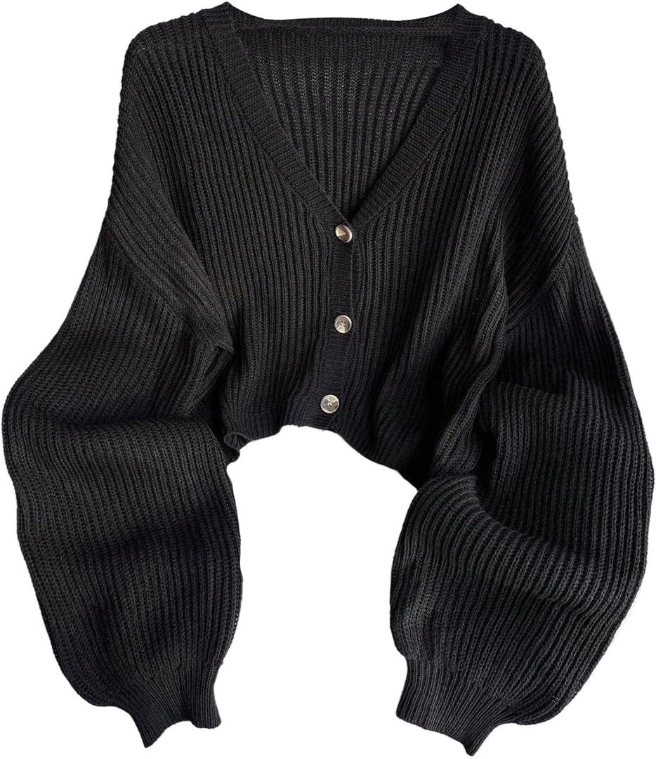 RoseSeek Women's Plus Size Cropped Cardigan Ribbed Knit Button Down V Neck Sweaters Long Sleeve Cardigans Outerwear (Black, XL)