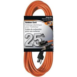 Outdoor Extension Cord Orange 3 Prong - Heavy Duty Vinyl - 16/3 - Ultra flexible, Water resistant, flame retardant - Weather resistant - Reinforced for durability (25 feet)