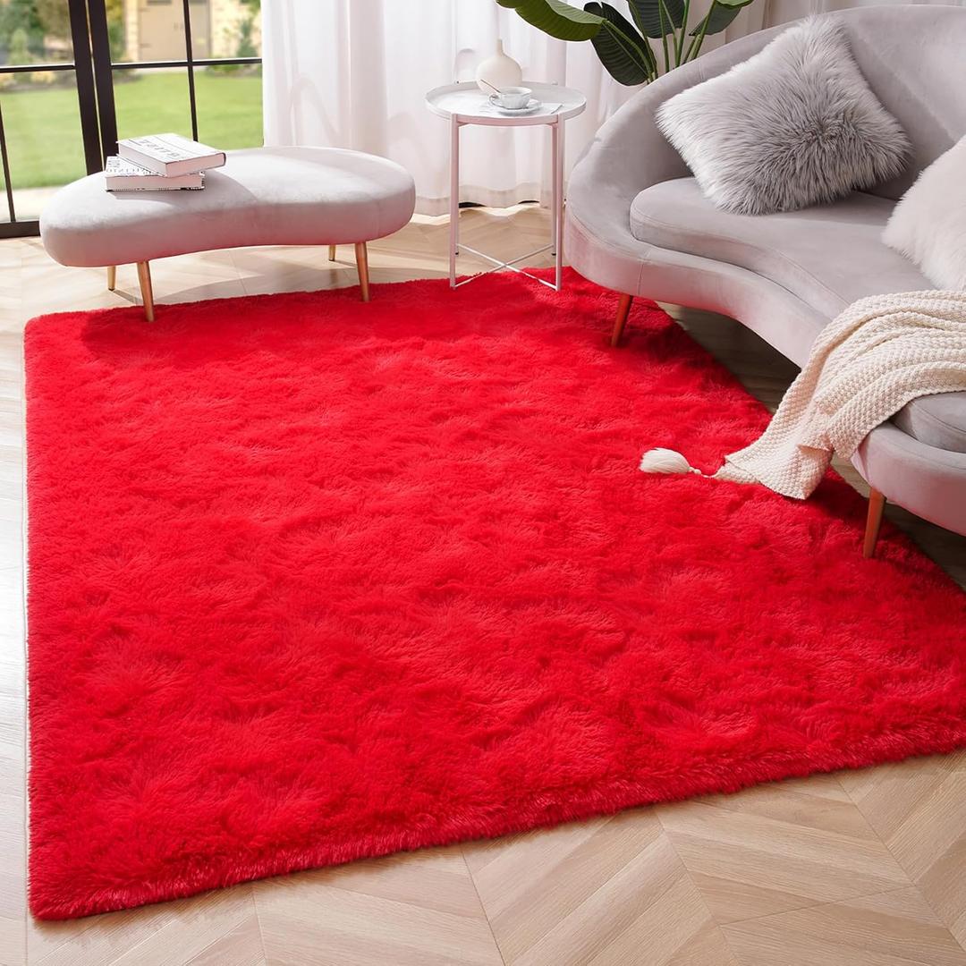 Amearea Premium Soft Fluffy Area Rug Modern Shag Carpet, 3x5 Feet, Fuzzy Shaggy Rugs for Bedroom Living Room Teen Apartment Decor, Comfortable Indoor Furry Dorm Carpets, Red
